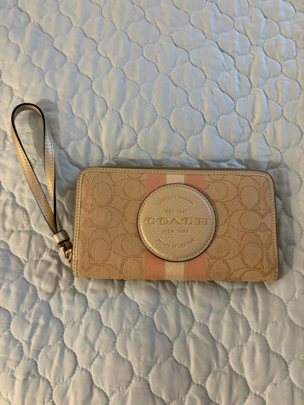 Coach Tan Signature Wallet Wristlet with Pink and Cream Stripe